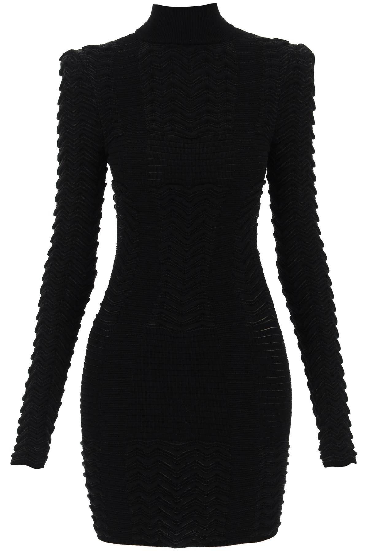 Shop Balmain Turtleneck Mini Dress In Texturized Knit In Black