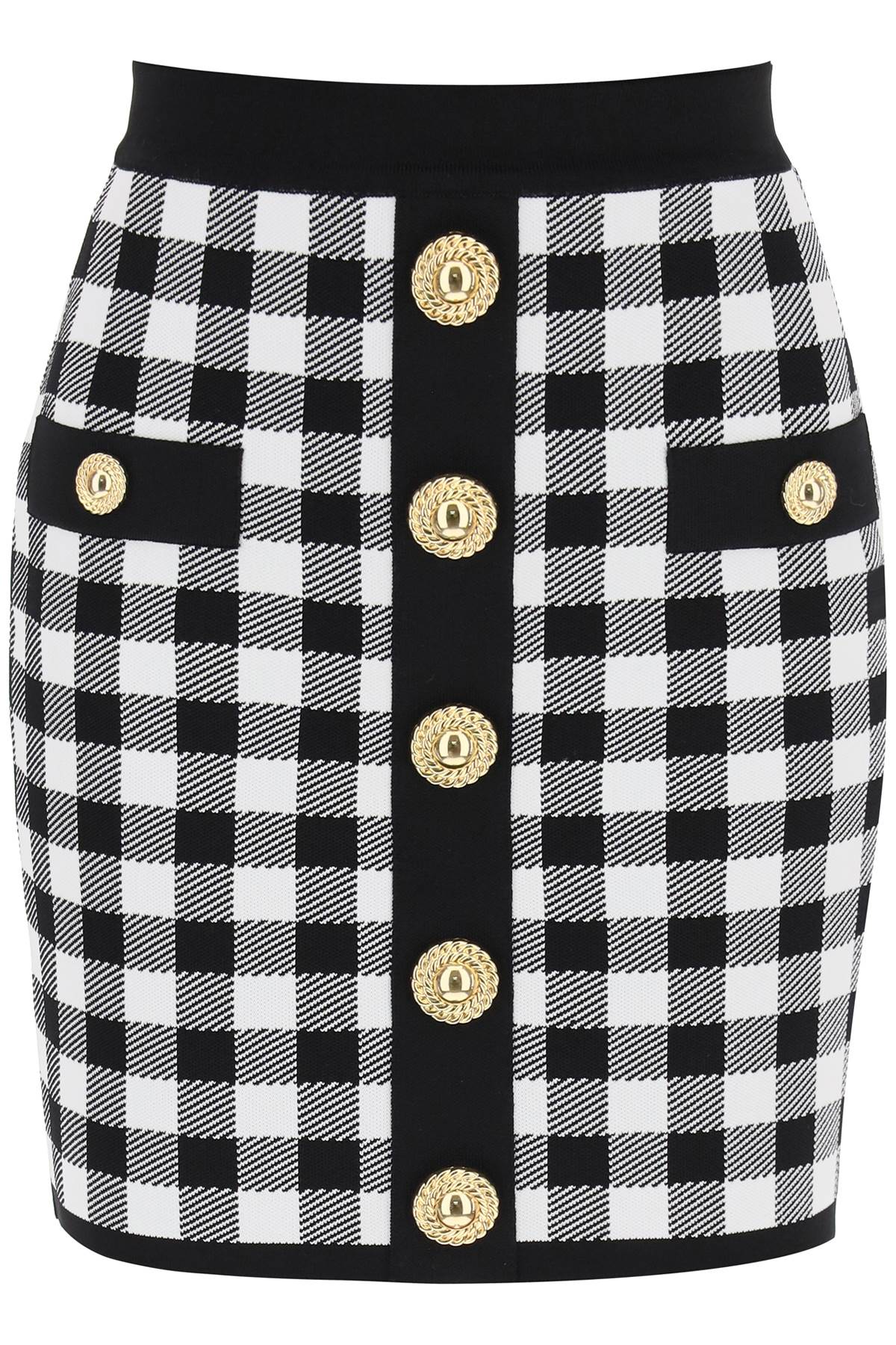 Shop Balmain Gingham Knit Mini Skirt With Embossed Buttons In White,black