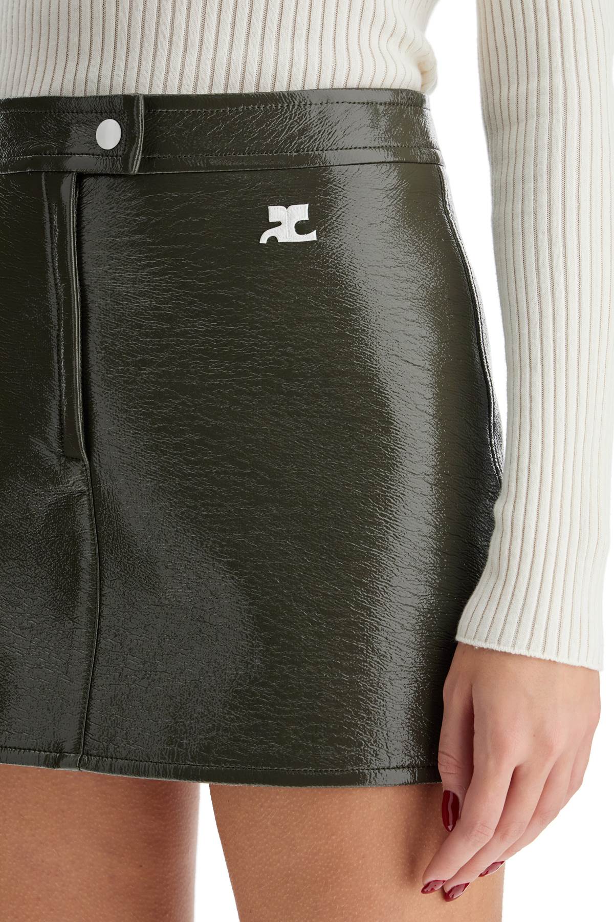 Shop Courrèges Coated Cotton Mini Skirt In Khaki