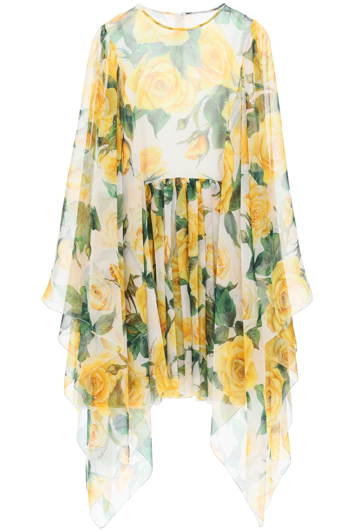 Dolce & Gabbana "short Silk Chiffon Dress With Yellow Rose Print" In White