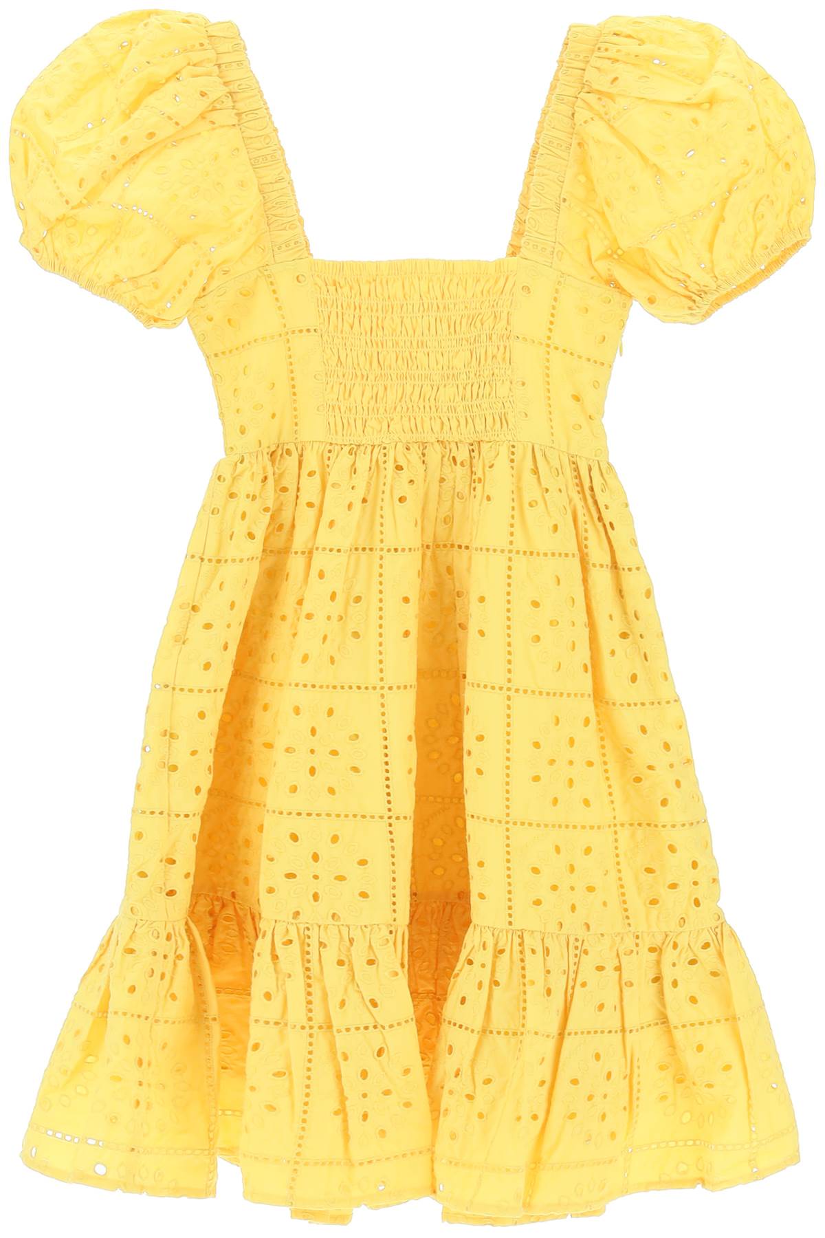 Shop Ganni Broderie Mini Dress In Yellow