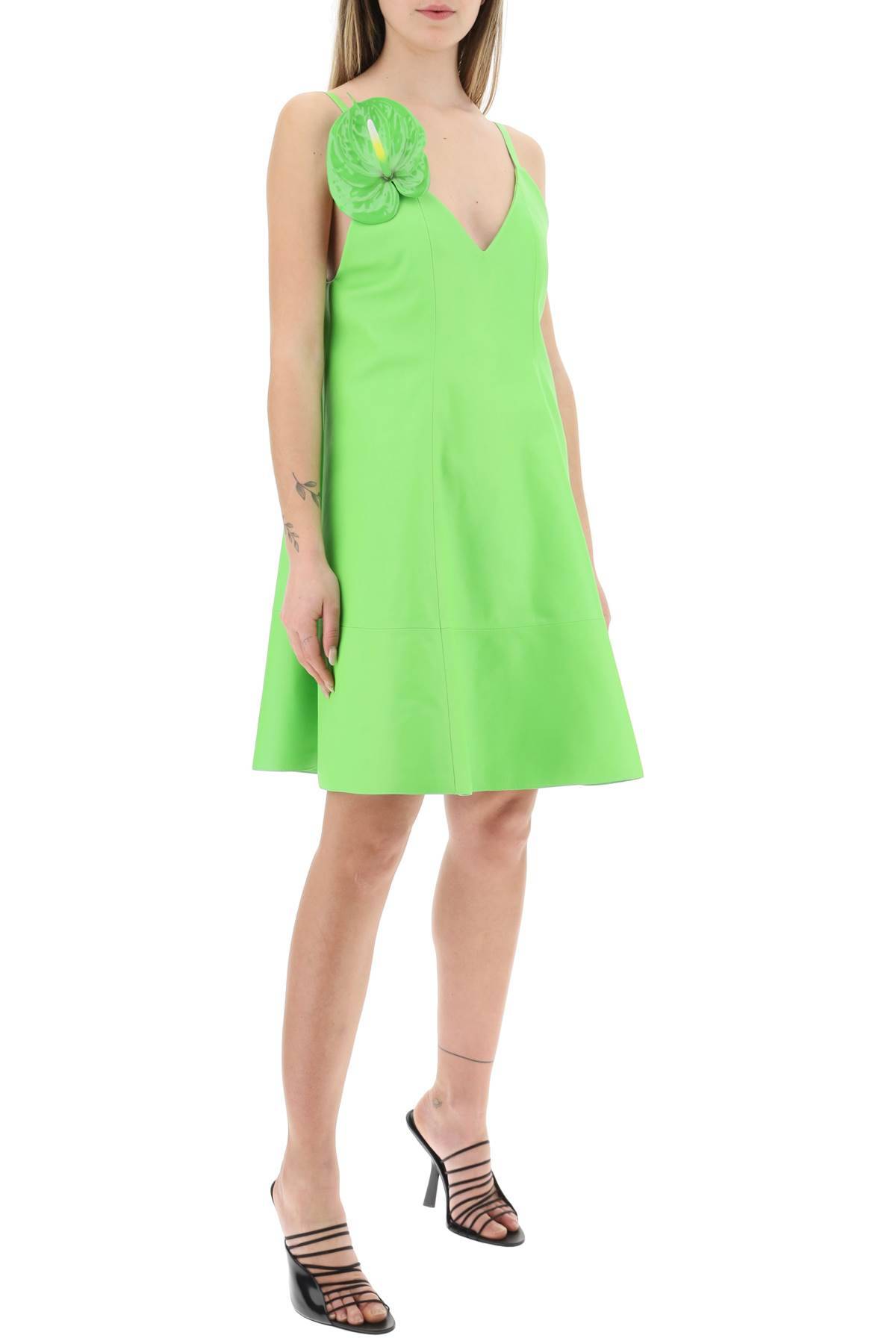 Shop Loewe Nappa Short Dress With Anthurium Brooch In Green