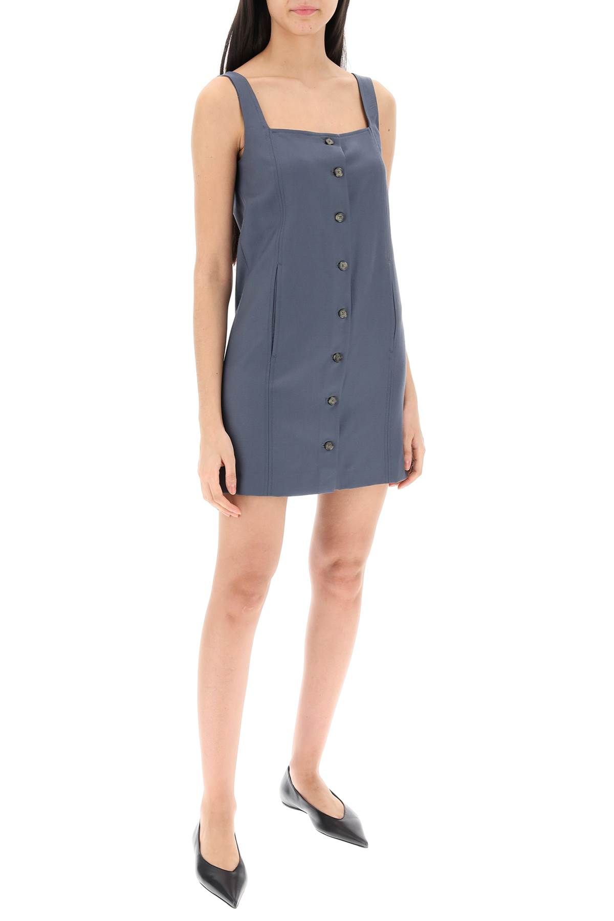 Shop Loulou Studio Buttoned Pinafore Dress In Grey,light Blue