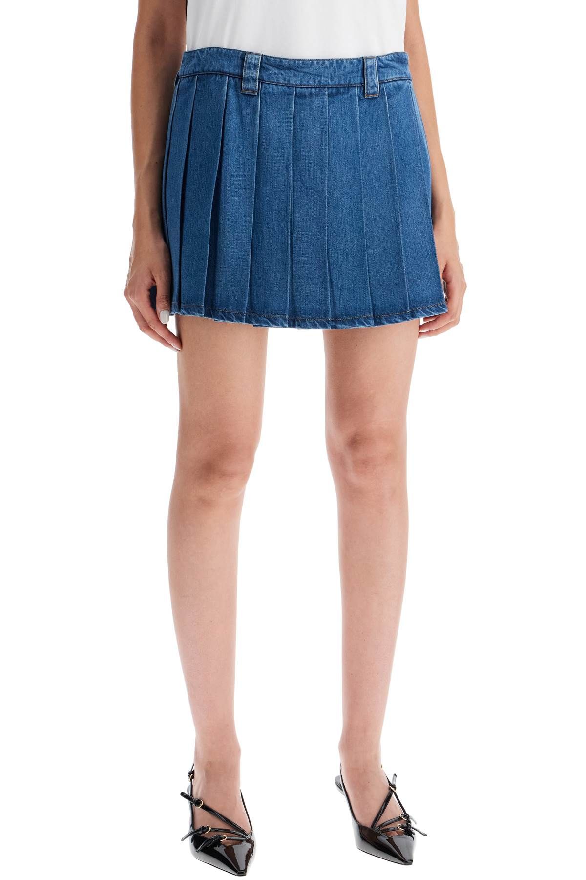 Shop Miu Miu Lightweight Denim Pleated Mini Skirt In Blue