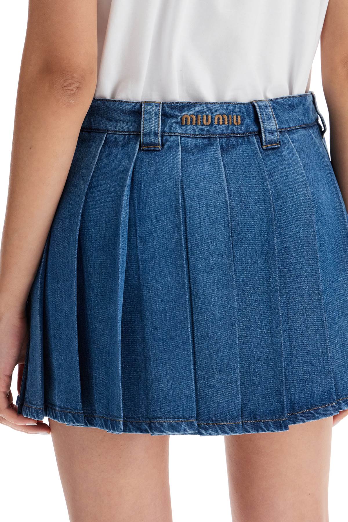 Shop Miu Miu Lightweight Denim Pleated Mini Skirt In Blue