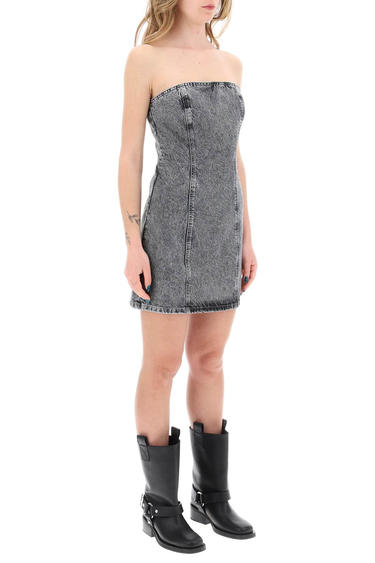 Shop Rotate Birger Christensen Denim Mini Dress With Rhinest In Grey