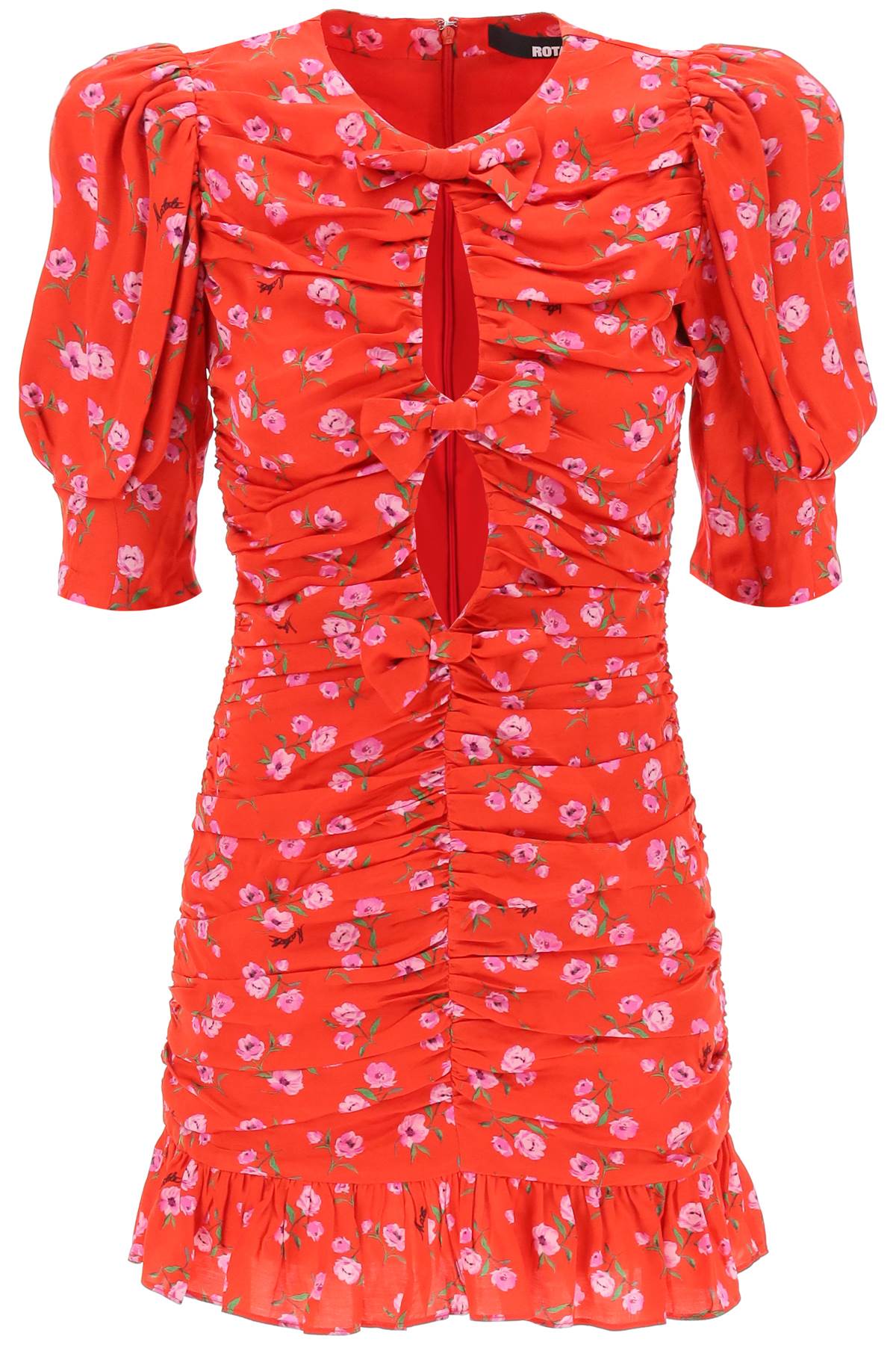 Shop Rotate Birger Christensen Floral Printed Satin Mini Dress With Ruching In Red