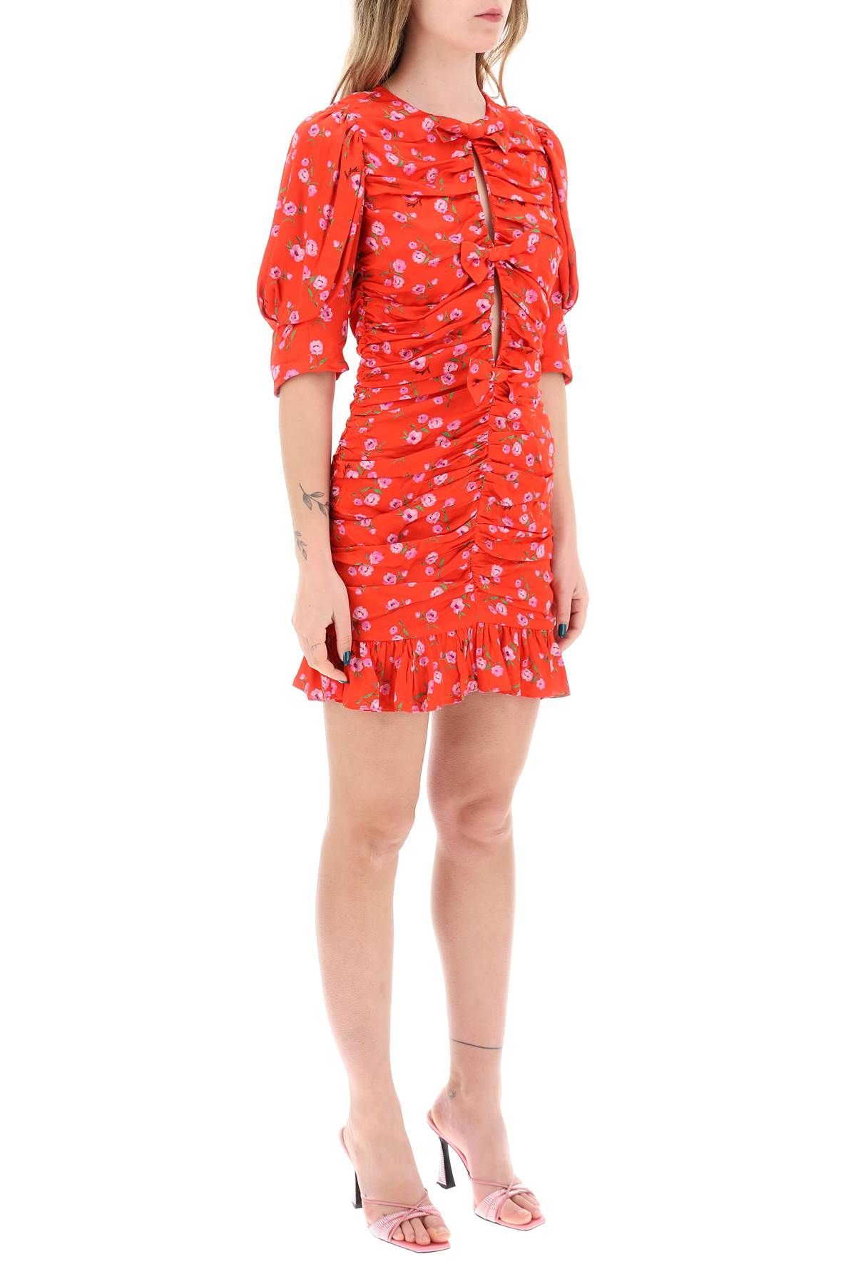 Shop Rotate Birger Christensen Floral Printed Satin Mini Dress With Ruching In Red