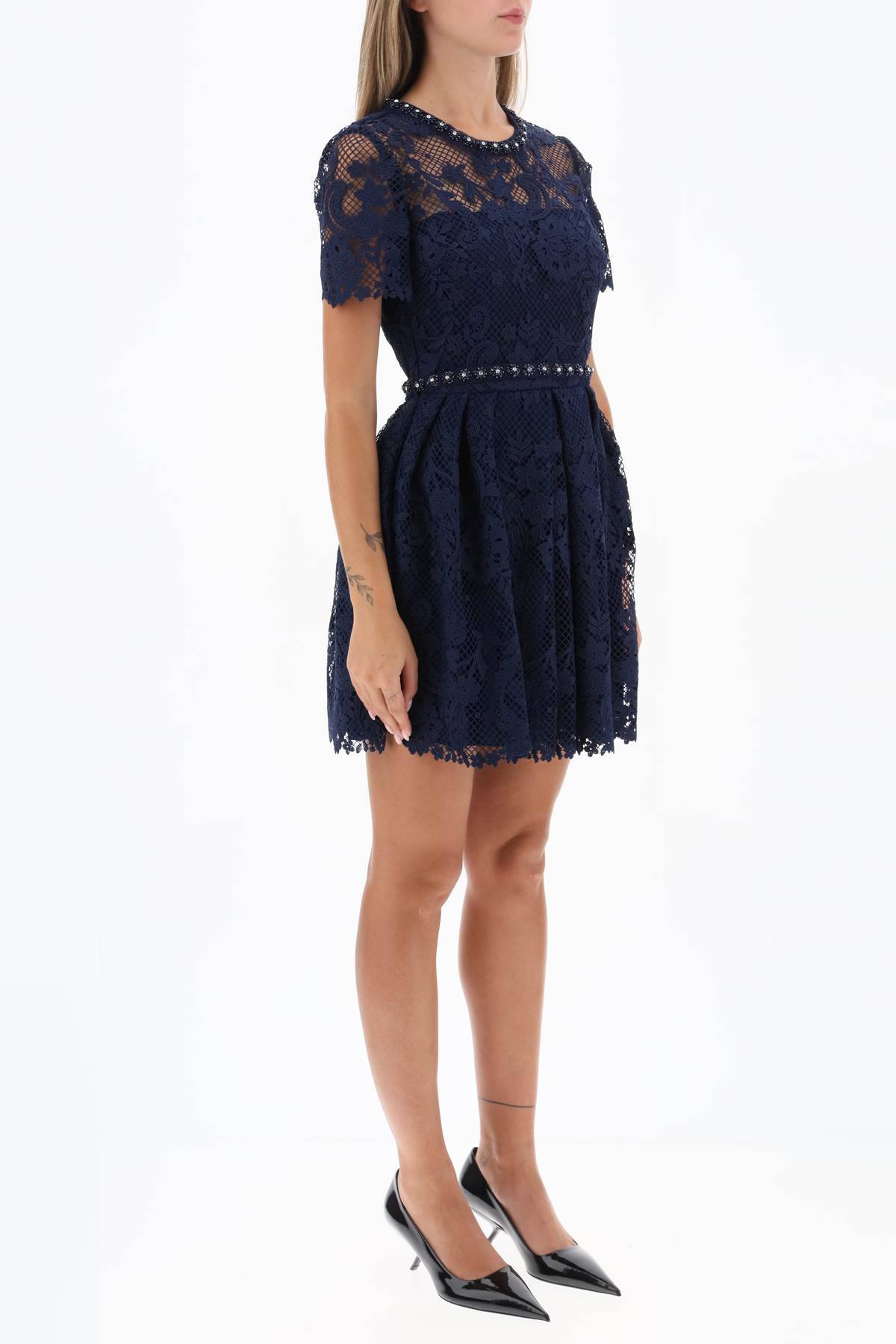 Shop Self-portrait Floral Lace Mini Dress With Appliques In Blue