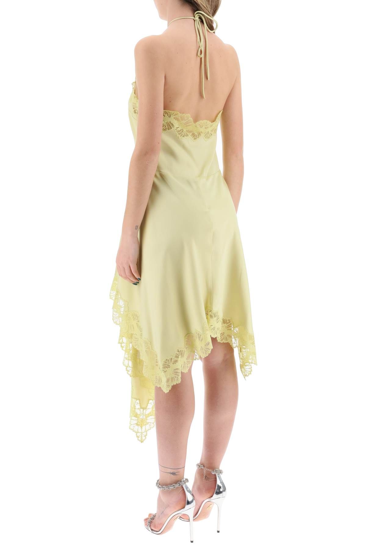 Shop Stella Mccartney Asymmetric Satin Dress With Lace Detail In Yellow