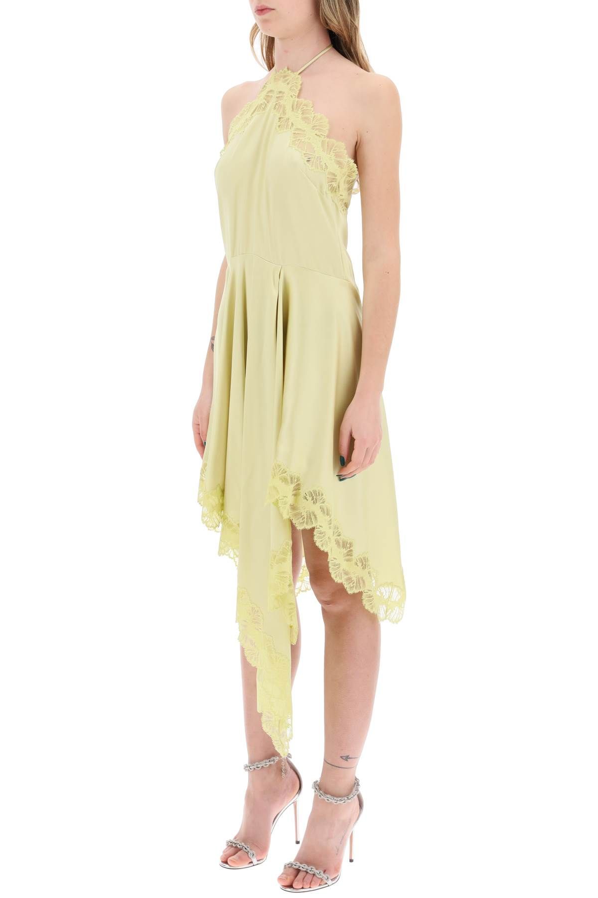 Shop Stella Mccartney Asymmetric Satin Dress With Lace Detail In Yellow