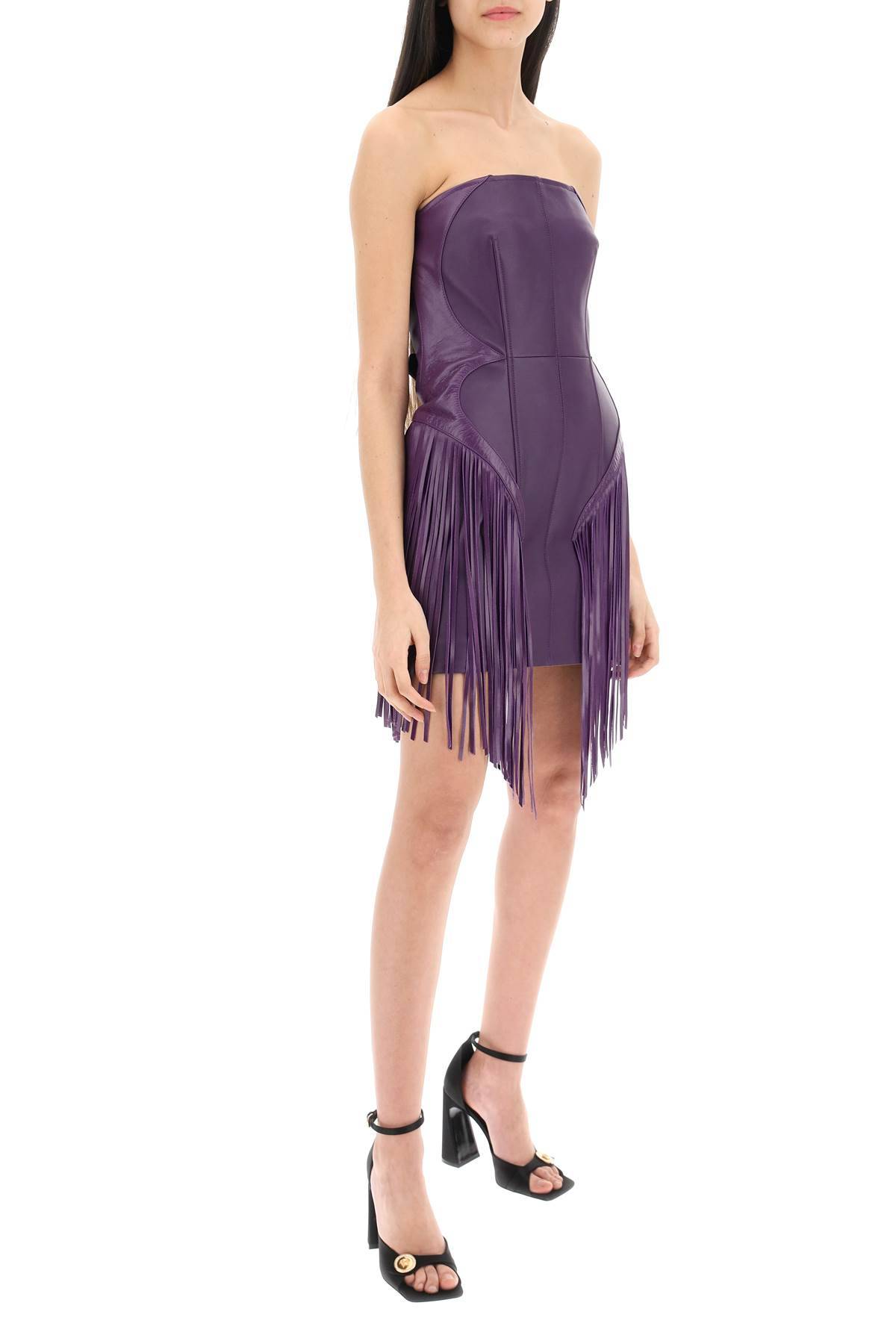 Shop Versace Fringed Leather Minidress In Purple