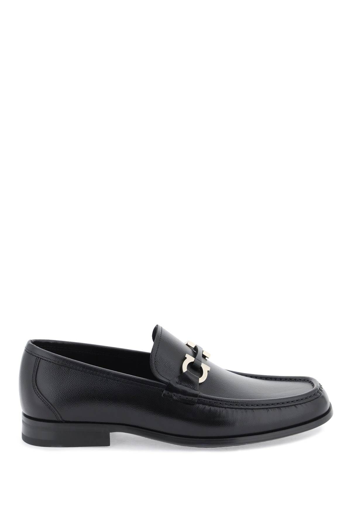 Shop Ferragamo Grained Leather Loafers With Gancini In Black