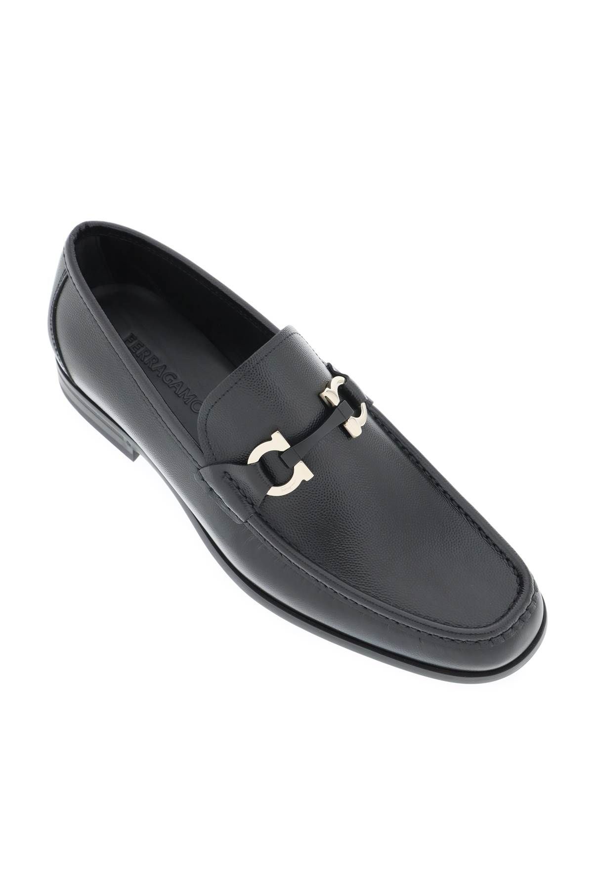 Shop Ferragamo Grained Leather Loafers With Gancini In Black