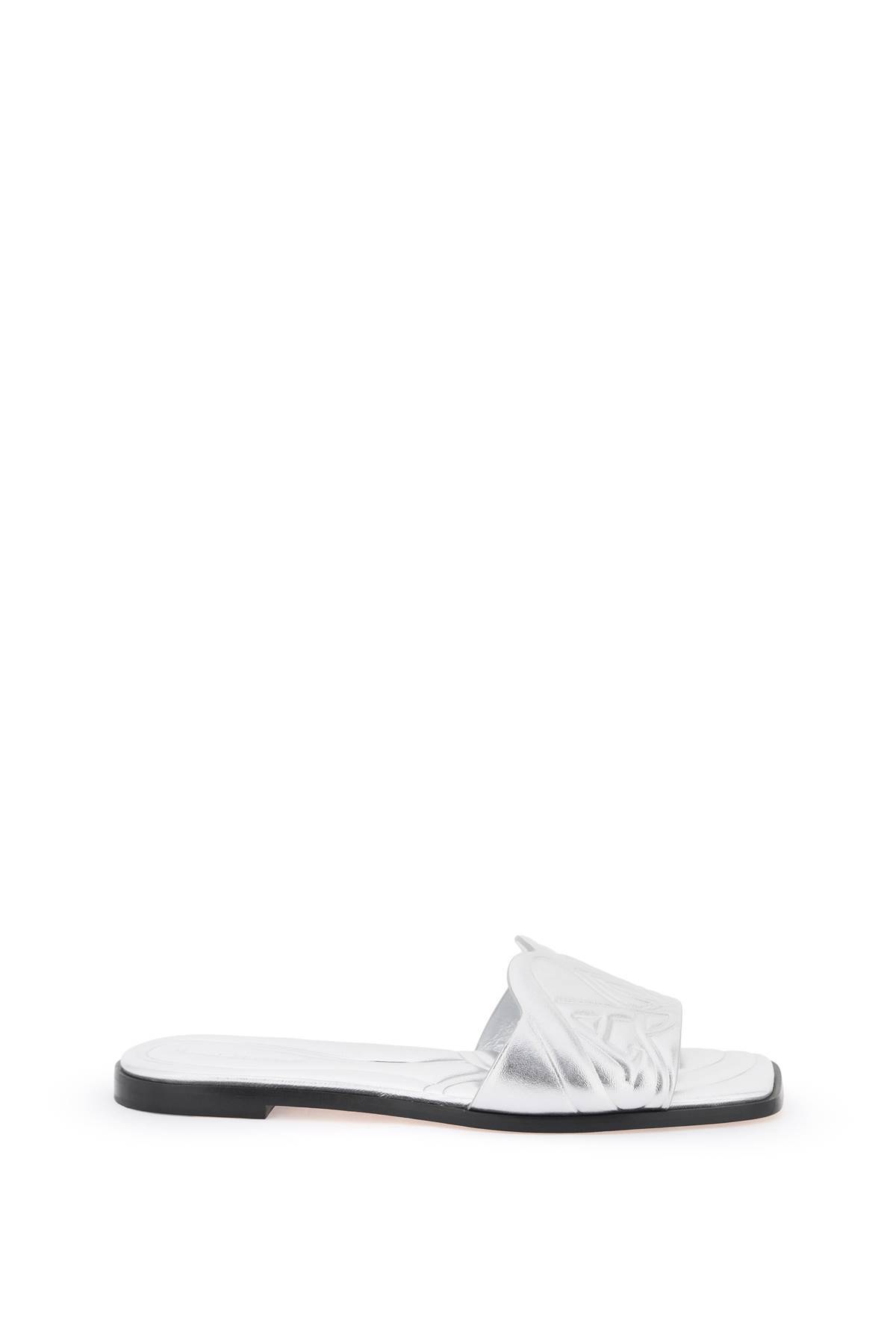 Shop Alexander Mcqueen Laminated Leather Slides With Embossed Seal Logo In Silver