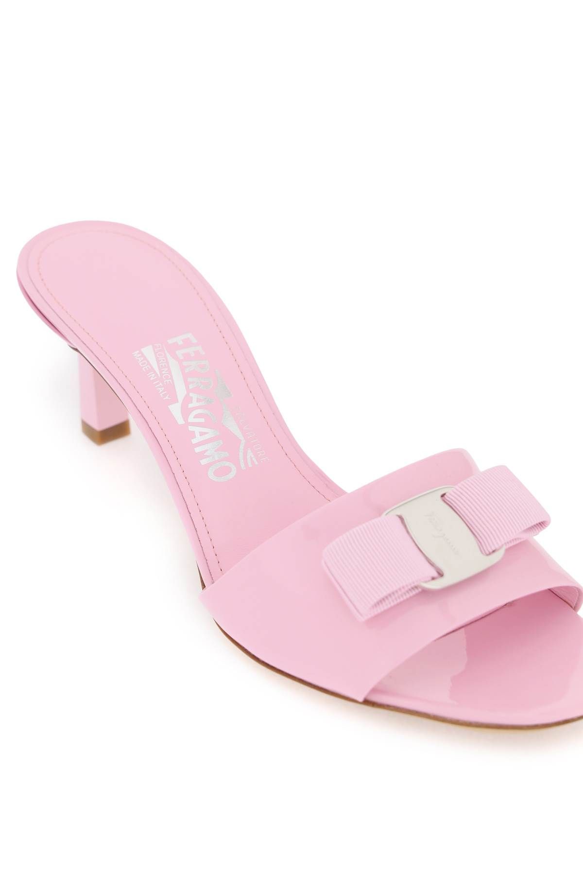Shop Ferragamo Patent Leather Mules With Vara Bow In Pink,beige