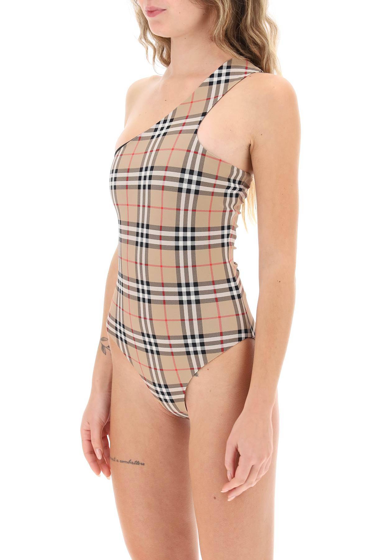 Shop Burberry Check One-shoulder One-piece Swimsuit In Beige,black