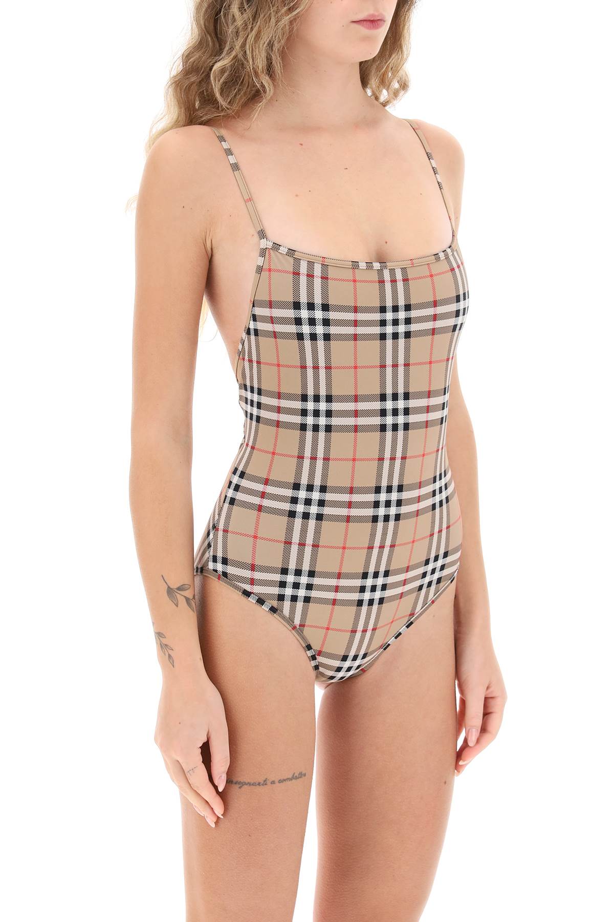 Shop Burberry Check One-piece Swimsuit In Beige,black