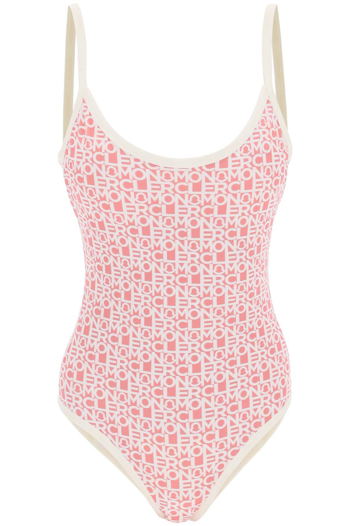 Shop Moncler Logo Print One-piece Swimsuit In White,pink