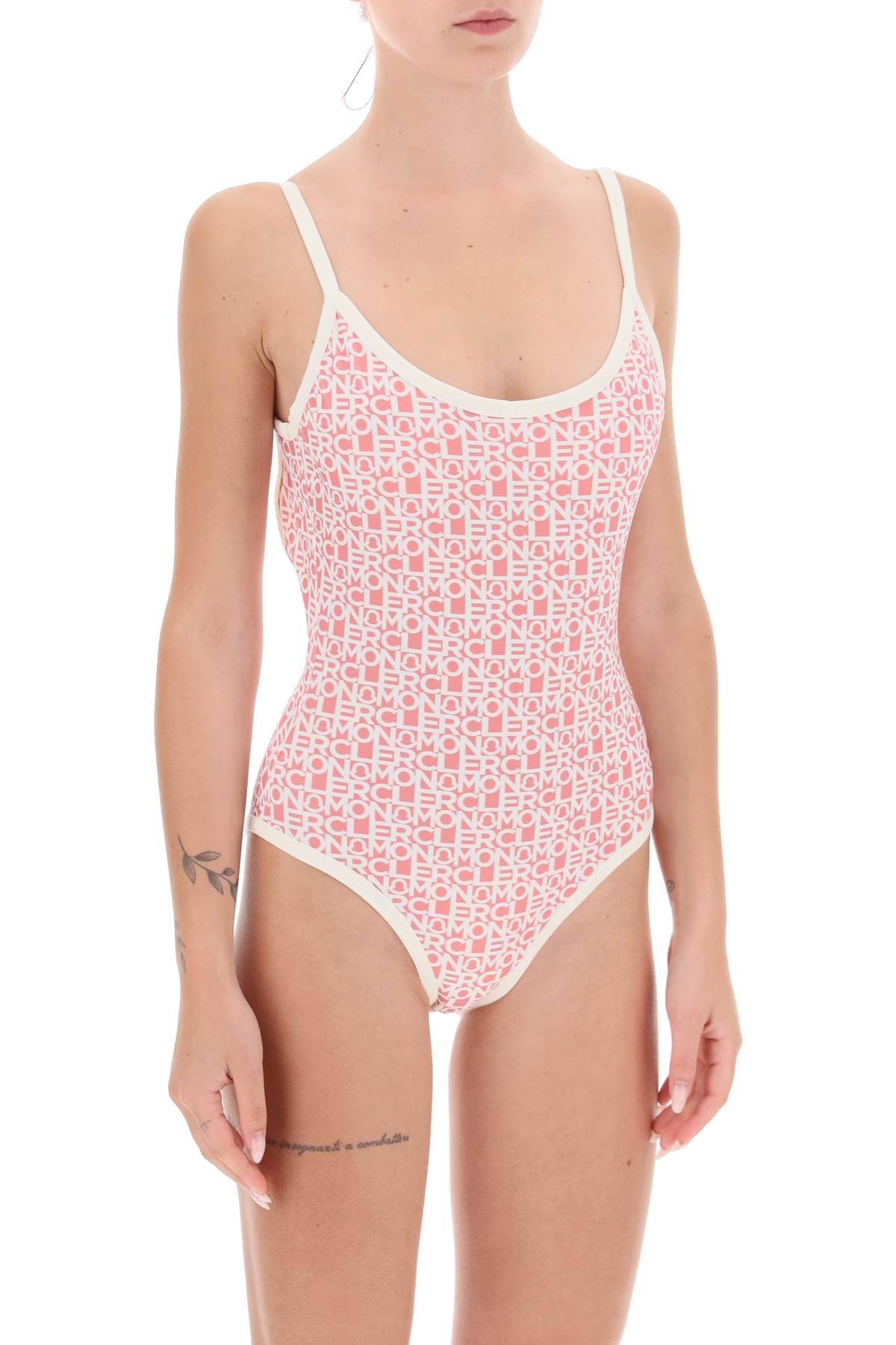 Shop Moncler Logo Print One-piece Swimsuit In White,pink