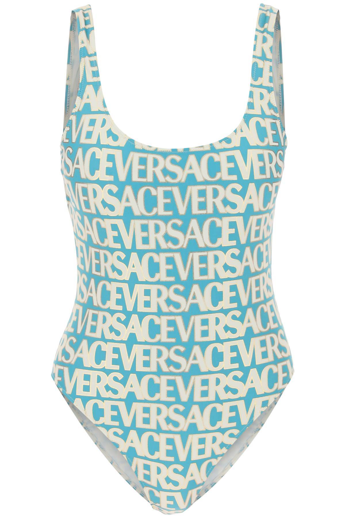 Shop Versace Allover One-piece Swimwear In Light Blue