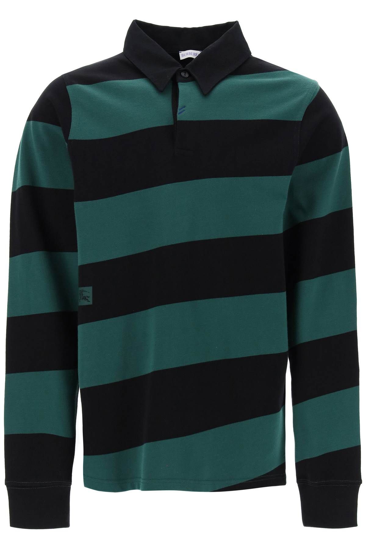 Shop Burberry Striped Long Sleeve Polo Shirt In Green,black