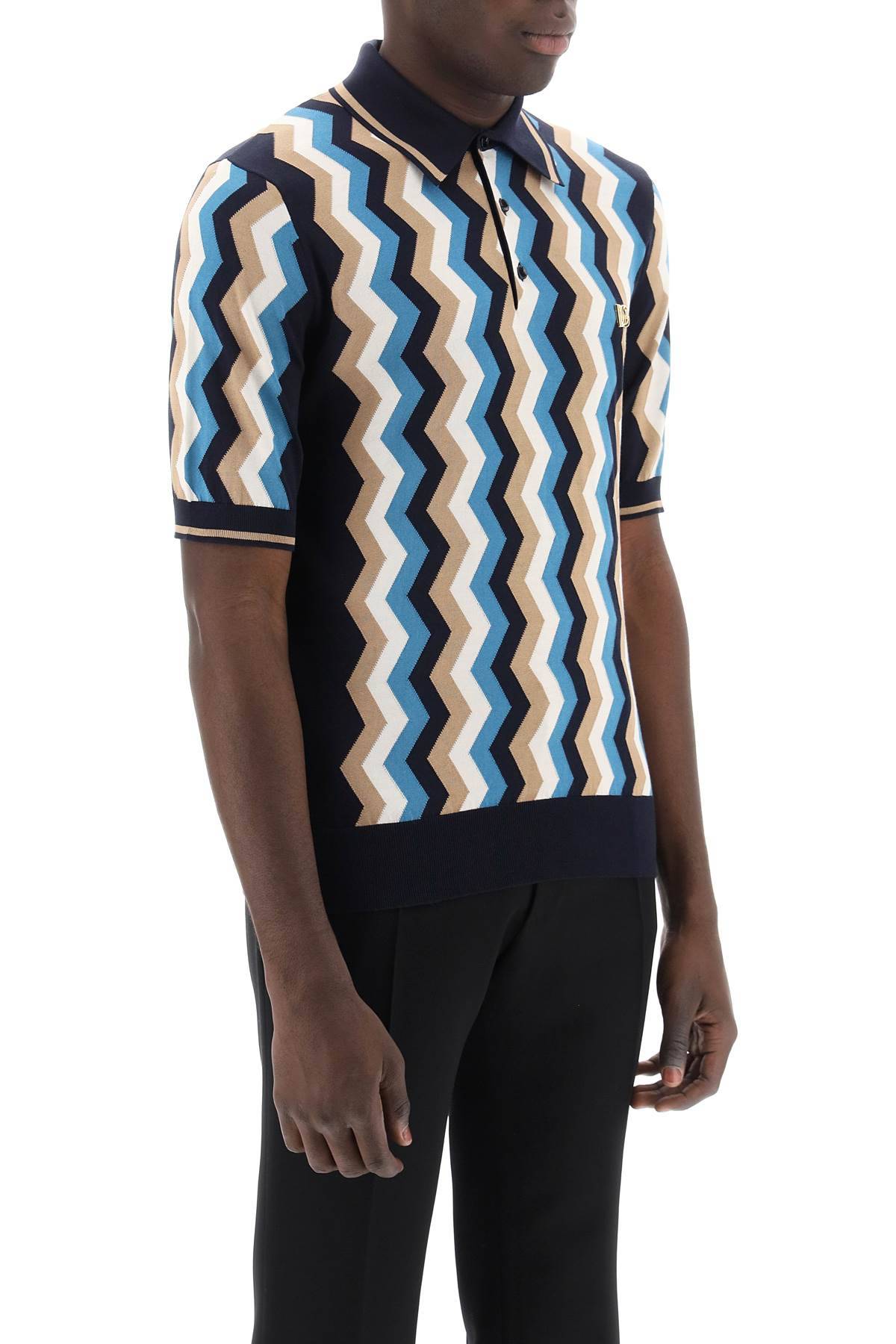 Shop Dolce & Gabbana Silk Polo Shirt With Zigzag In In Blue,multicolor