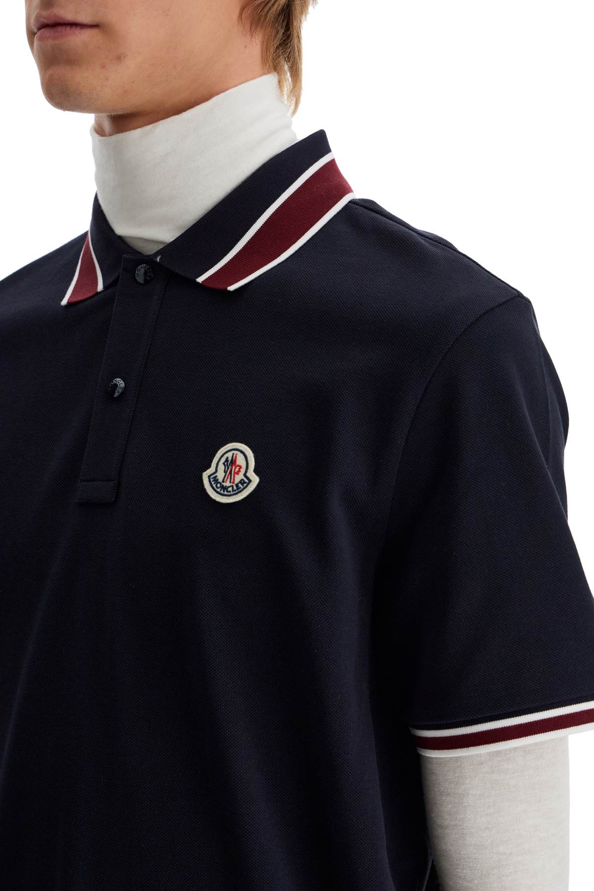 Shop Moncler Striped Polo Shirt With Detailed Accents In Blue