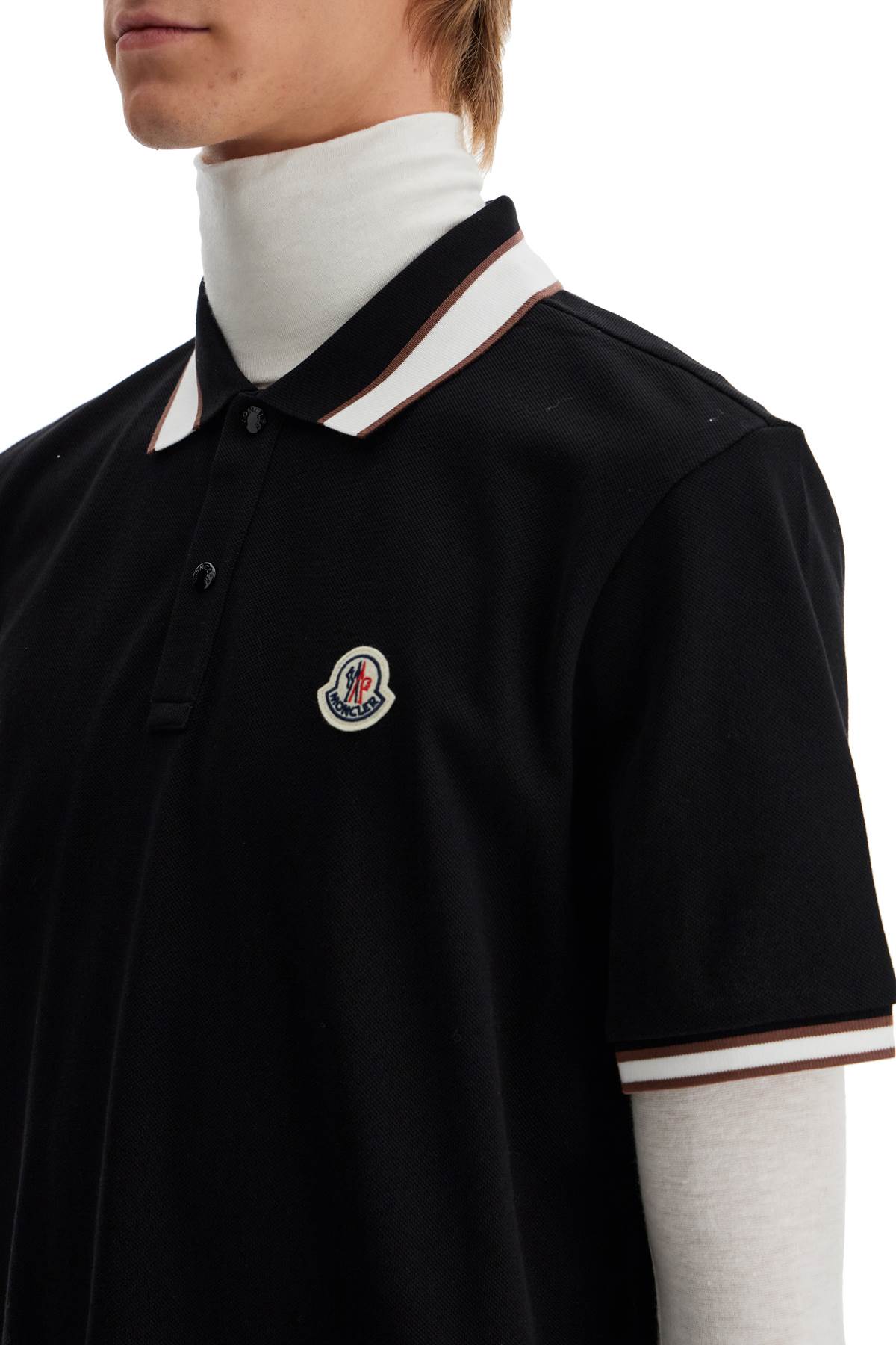 Shop Moncler Striped Polo Shirt With Detailed Accents In Black