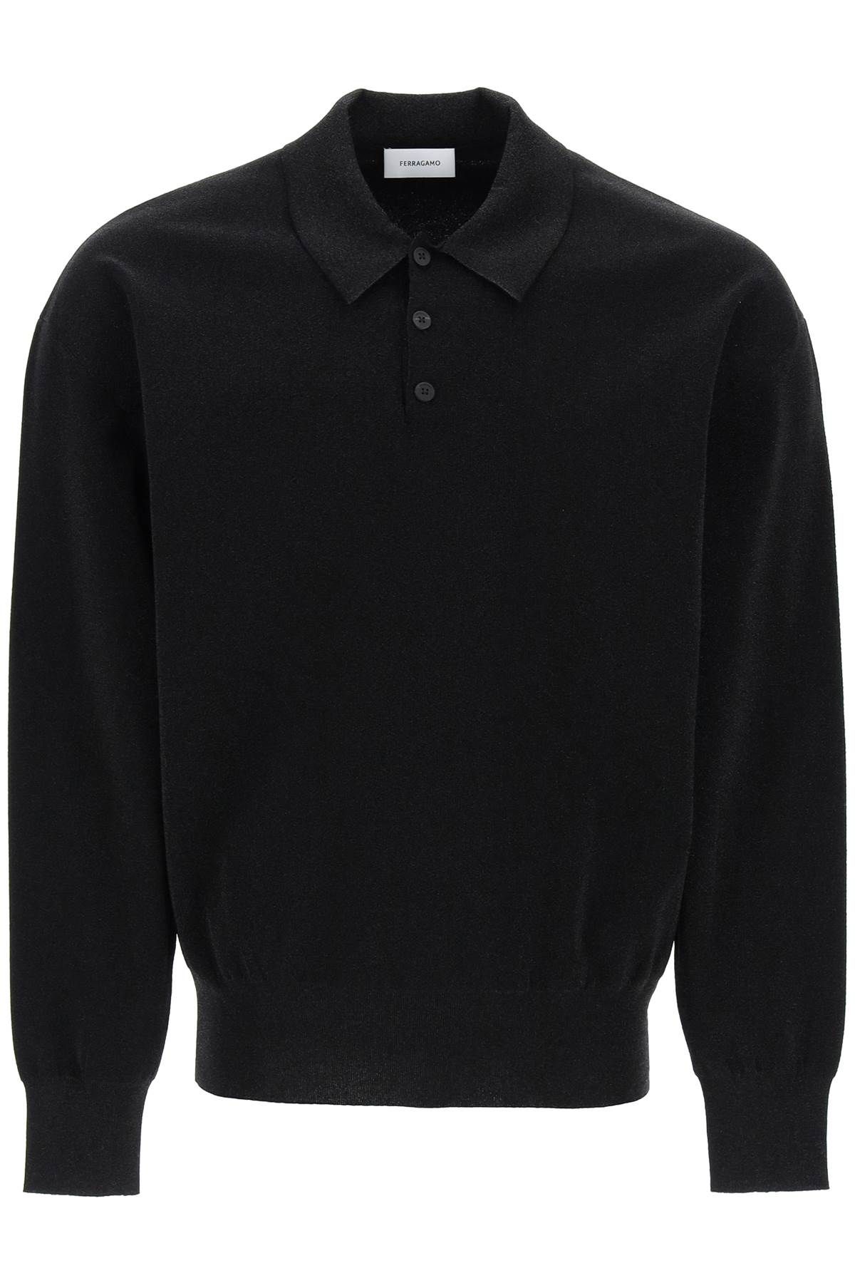 Shop Ferragamo Long Sleeve Lurex Polo Shirt In Black