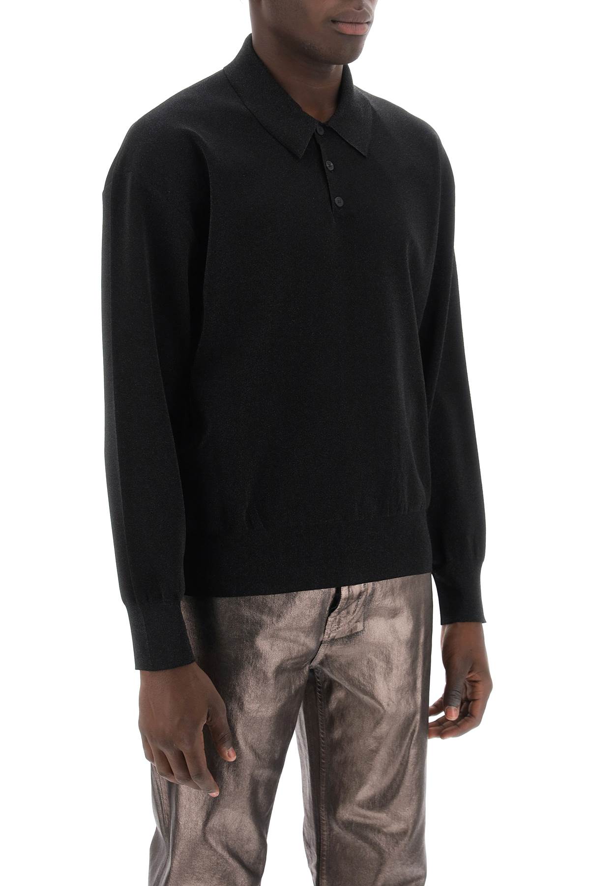 Shop Ferragamo Long Sleeve Lurex Polo Shirt In Black