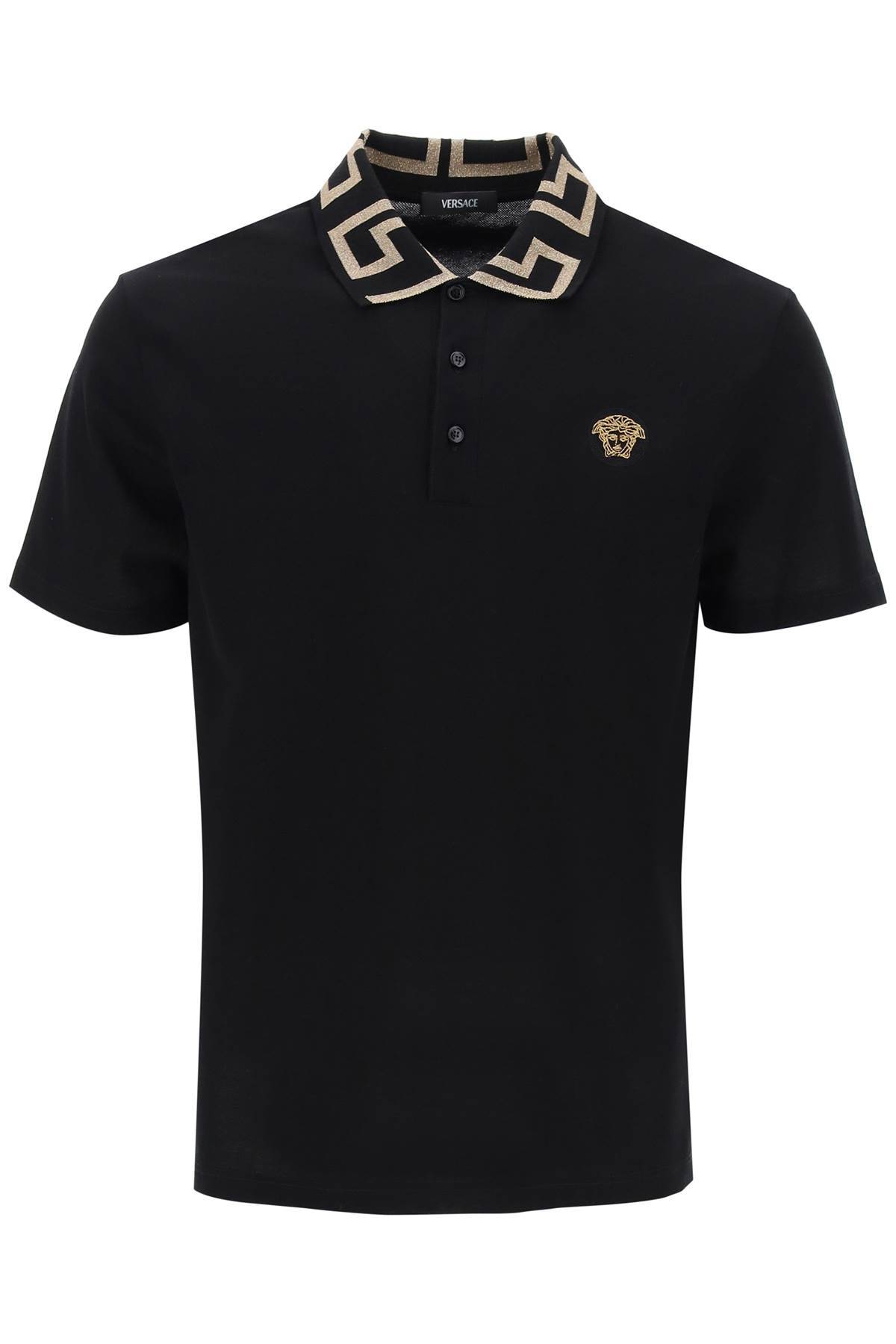 Shop Versace Polo Shirt With Greca Collar In Black,gold