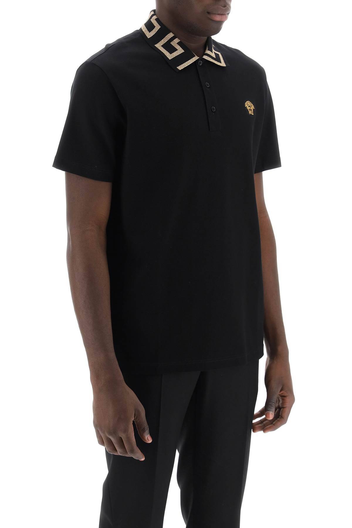 Shop Versace Polo Shirt With Greca Collar In Black,gold