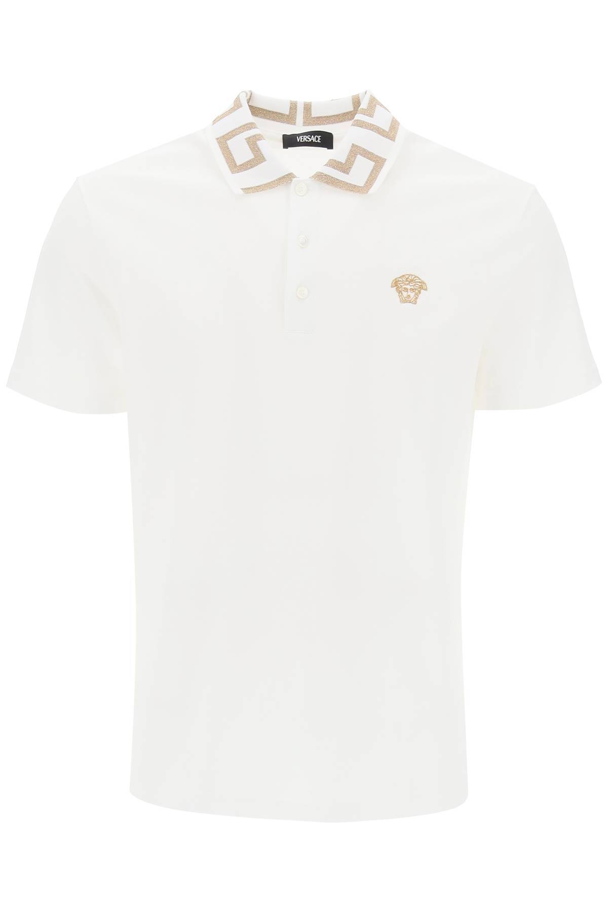 Shop Versace Polo Shirt With Greca Collar In White,gold