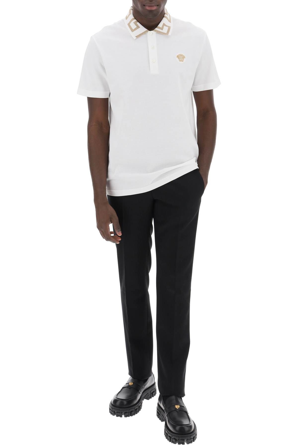 Shop Versace Polo Shirt With Greca Collar In White