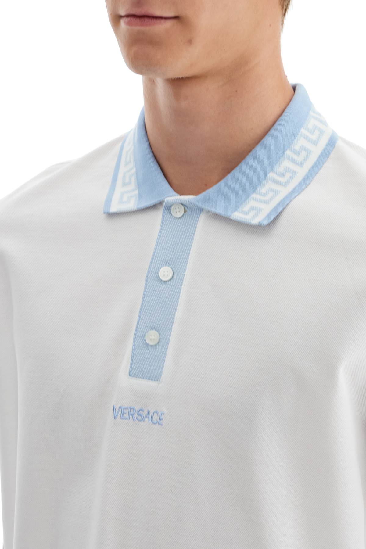 Shop Versace Polo Shirt With Greek Motif In White