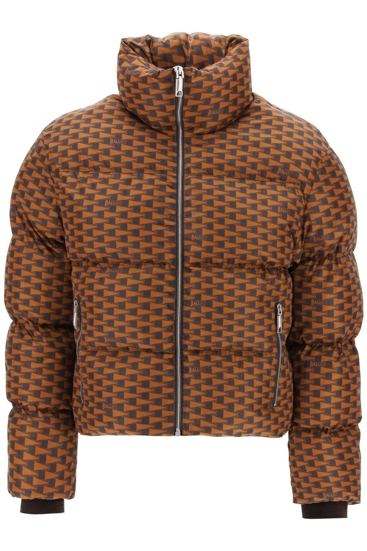 Shop Bally Short Puffer Jacket With Pennant Motif In Brown,orange