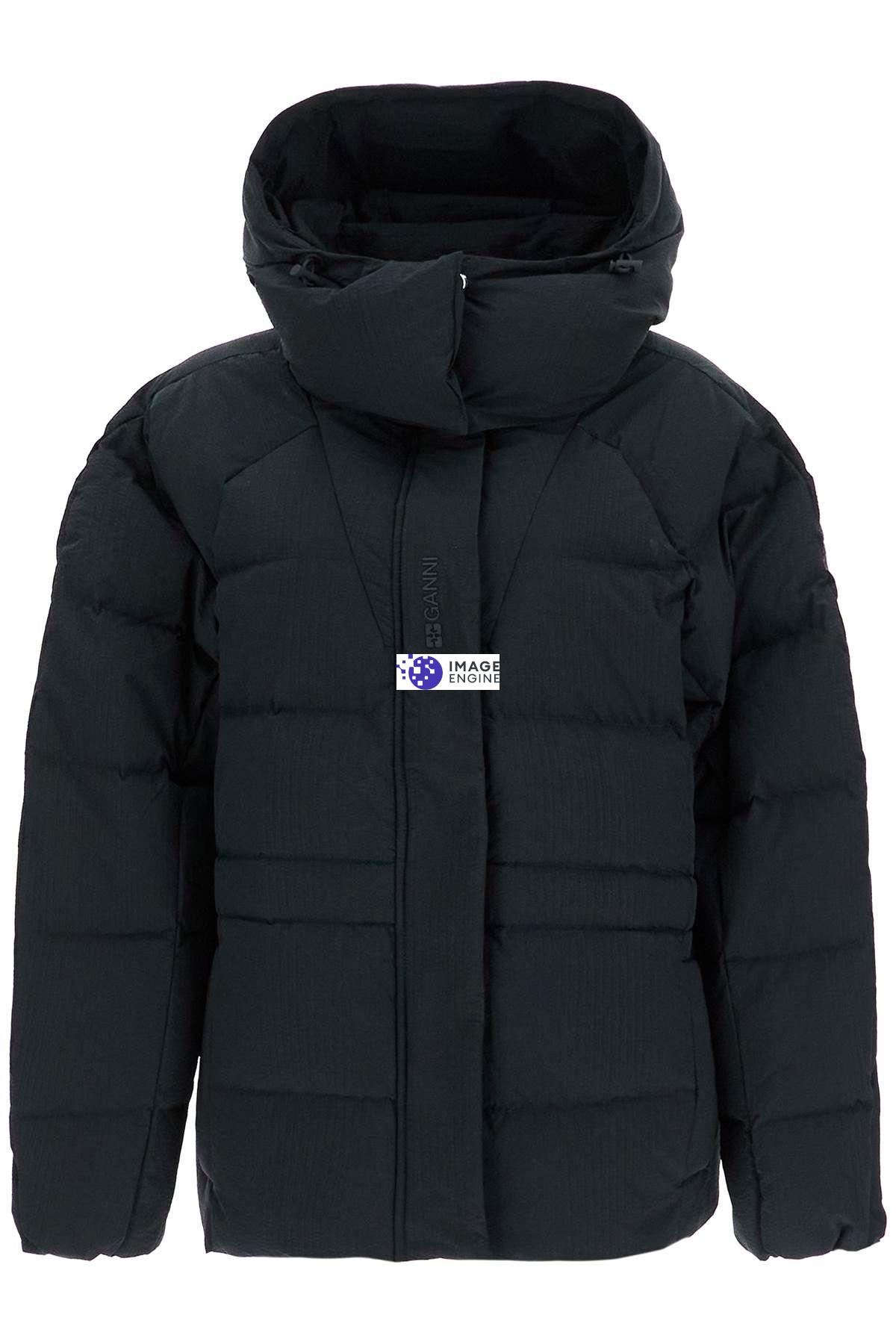 Ganni Oversized Seersucker Puffer Jacket With Removable Hood In Black