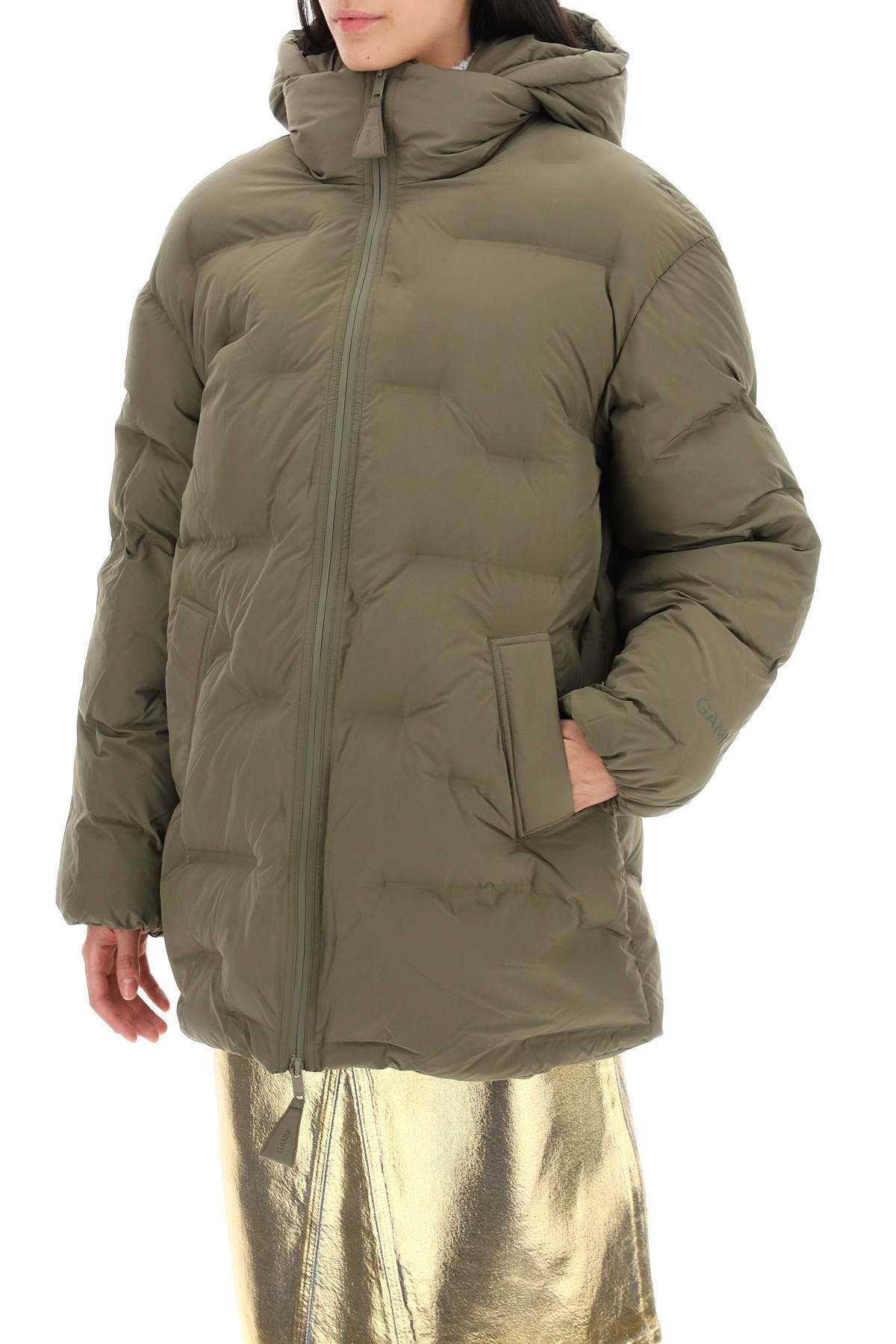 Shop Ganni Midi Puffer Jacket With Detachable Hood In Green