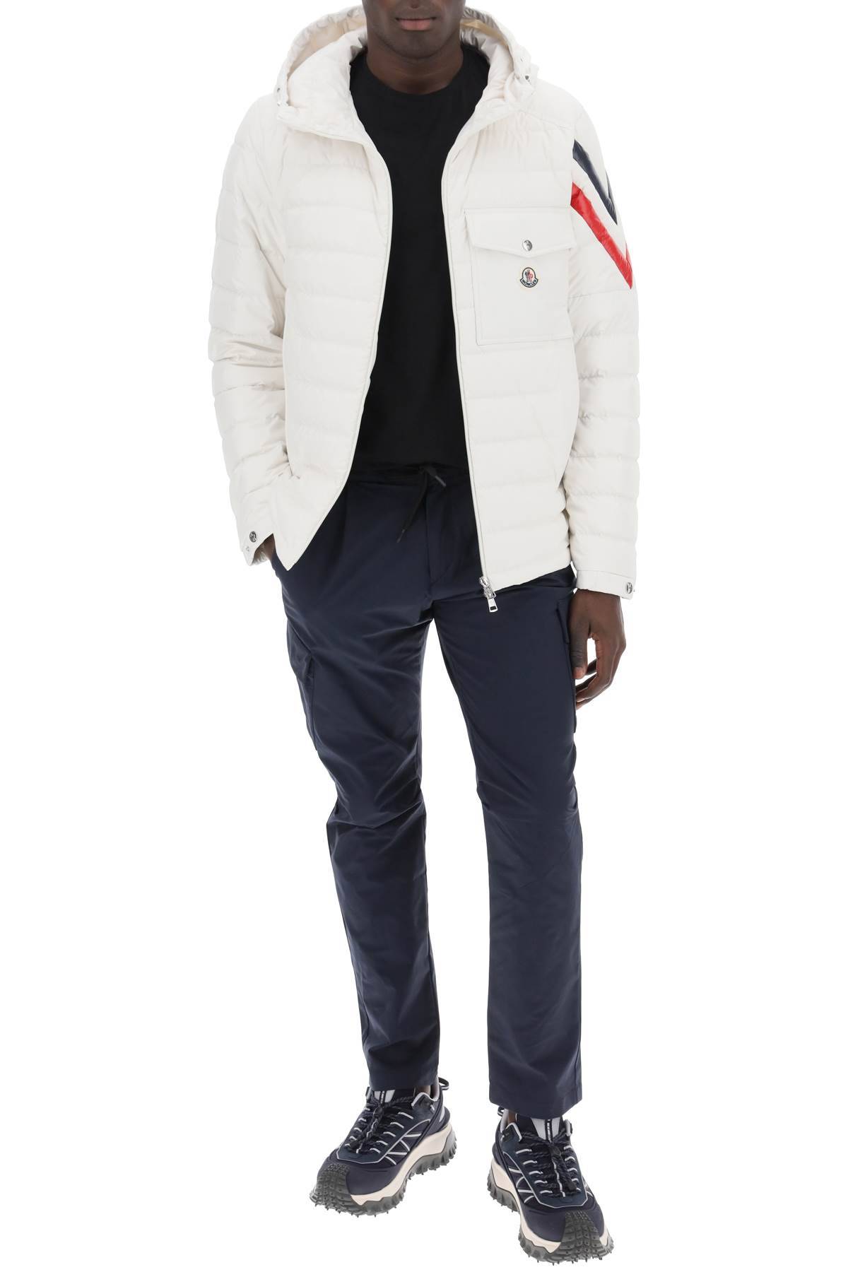 Shop Moncler Berard Down Jacket With Tricolor Intarsia In White