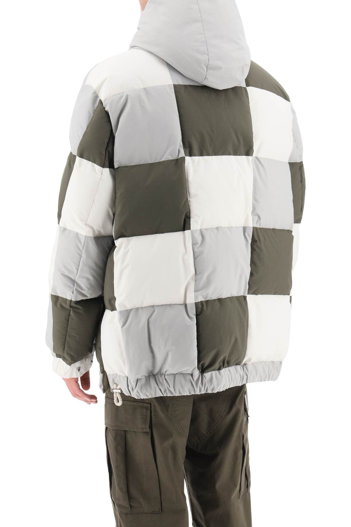 Shop Sacai Hooded Puffer Jacket With Checkerboard Pattern In White,grey,green
