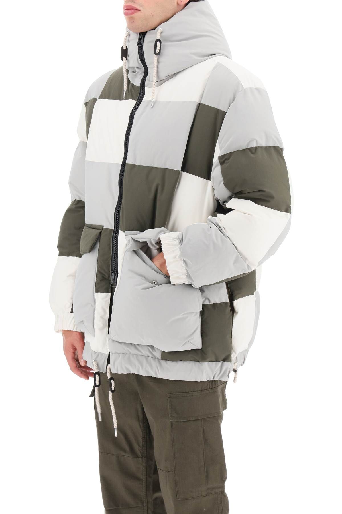 Shop Sacai Hooded Puffer Jacket With Checkerboard Pattern In White,grey,green
