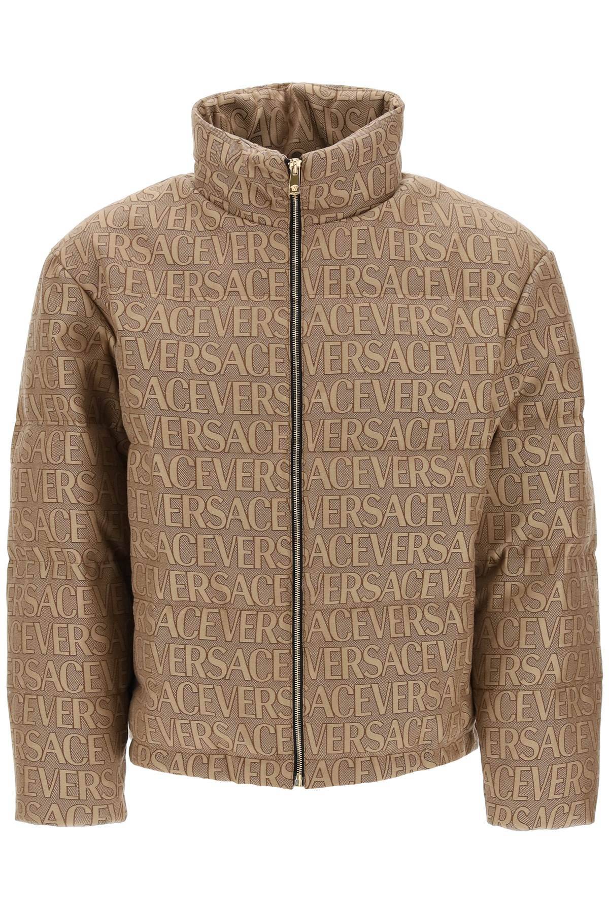 Shop Versace Allover Down Jacket In Brown,beige