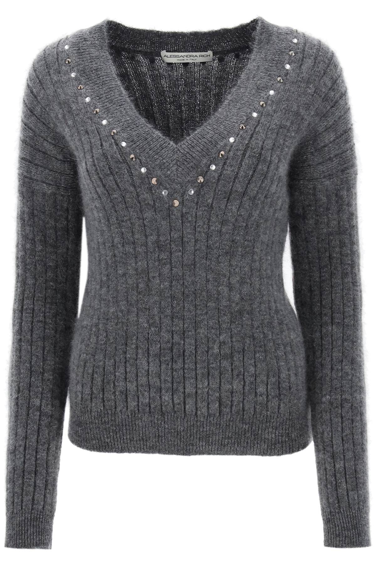 Shop Alessandra Rich Wool Knit Sweater With Studs And Crystals In Grey