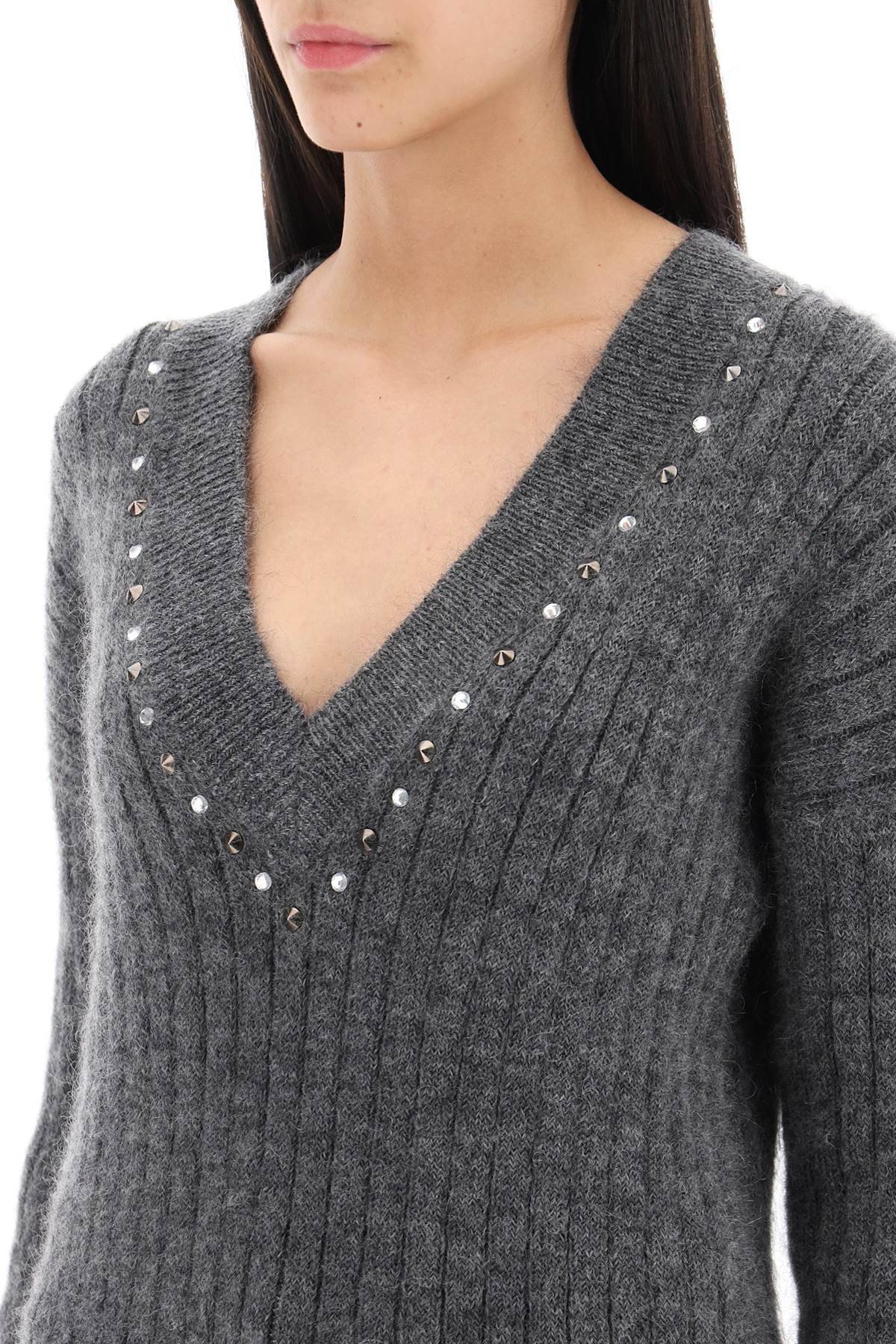 Shop Alessandra Rich Wool Knit Sweater With Studs And Crystals In Grey