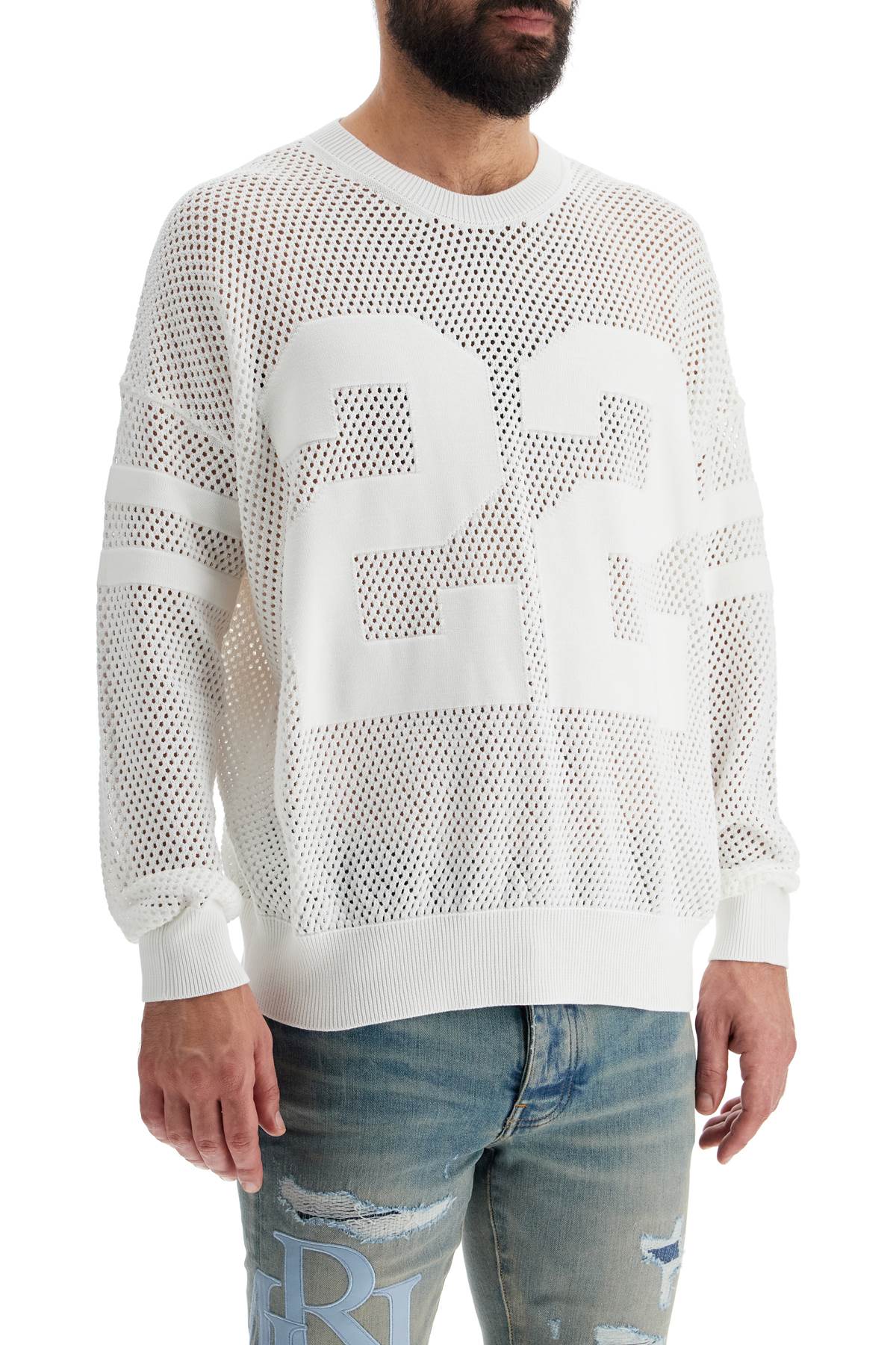 Shop Amiri Neck Perforated Knit Sweater In White