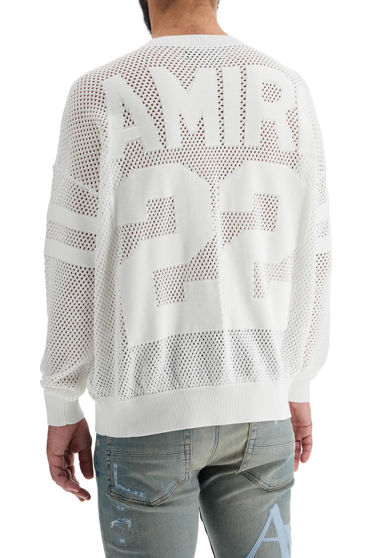 Shop Amiri Neck Perforated Knit Sweater In White