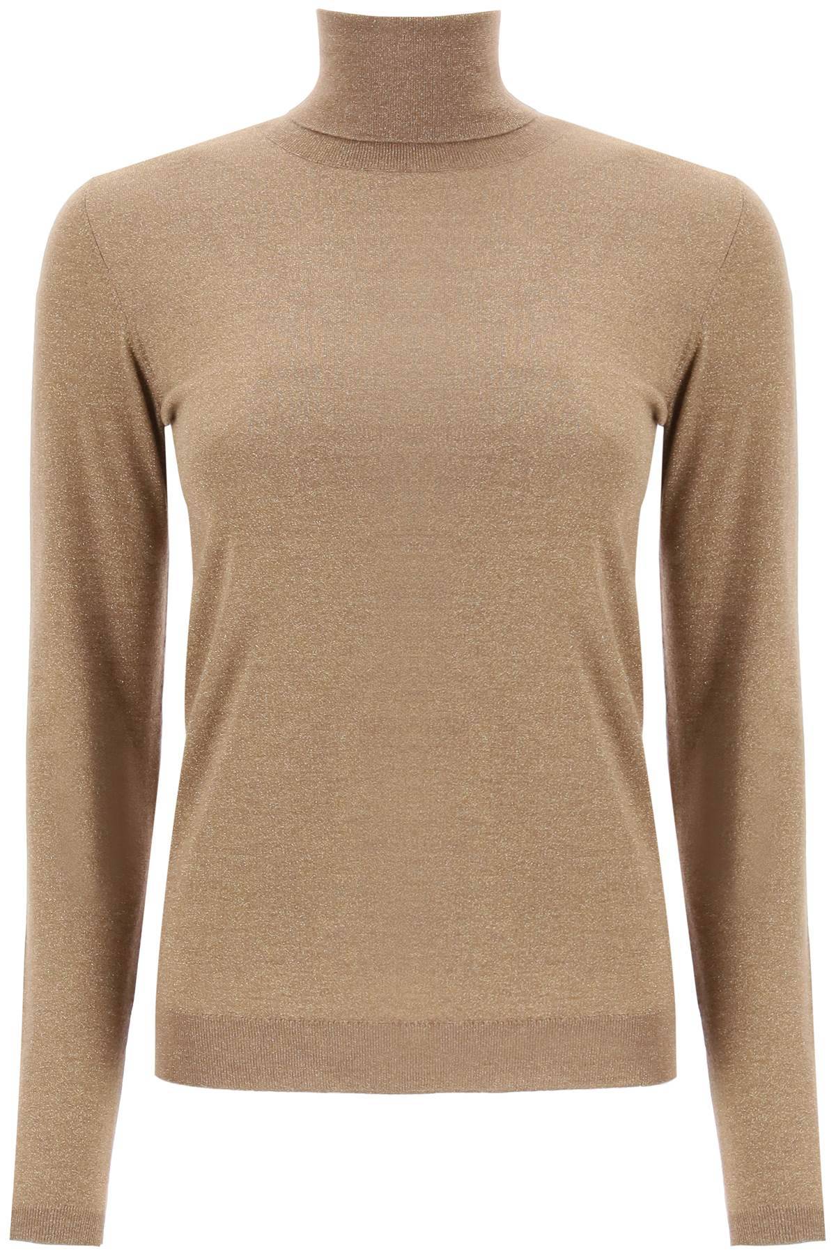 Shop Brunello Cucinelli Turtleneck Sweater In Cashmere And Silk Lurex Knit In Beige,gold