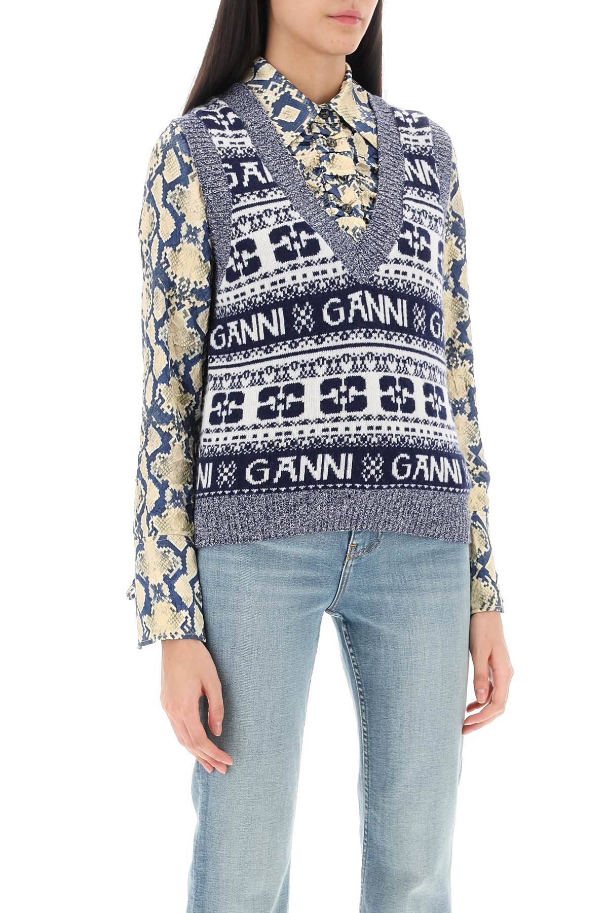 Shop Ganni Jacquard Wool Vest With Logo Pattern In White,blue