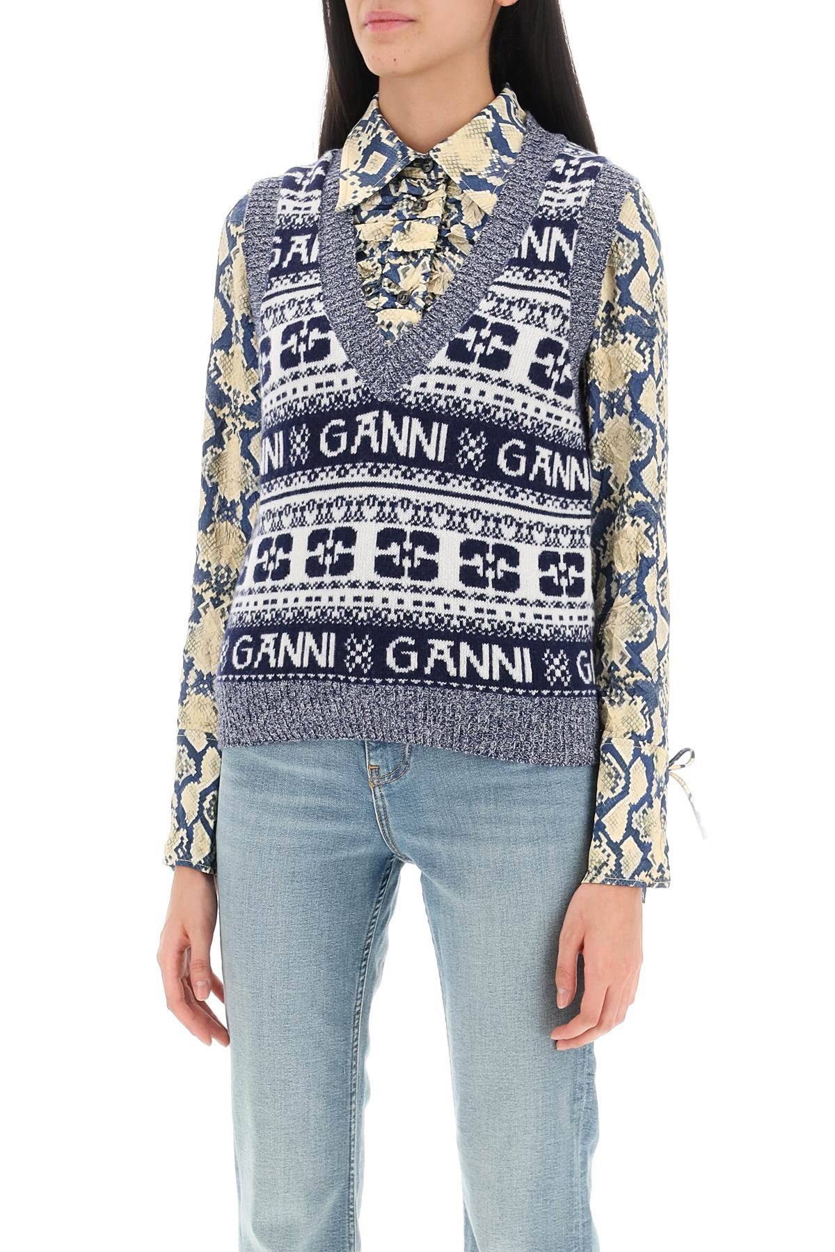 Shop Ganni Jacquard Wool Vest With Logo Pattern In White,blue